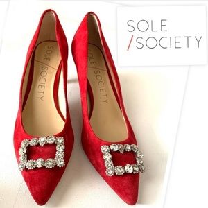Sole Society Edilina RED Suede Brooch ✨Jeweled Rhinestone Point Toe Pumps Shoes